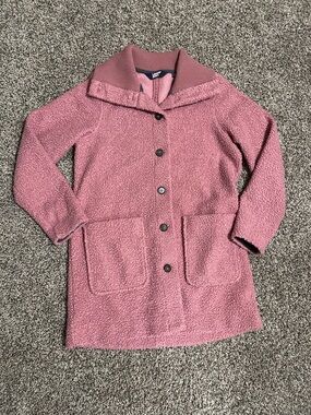 lands end pink button down midi teddy jacket
